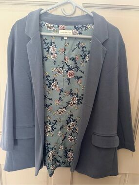 Skies Are Blue Dusty Blue Open-Front Blazer with Floral Lining